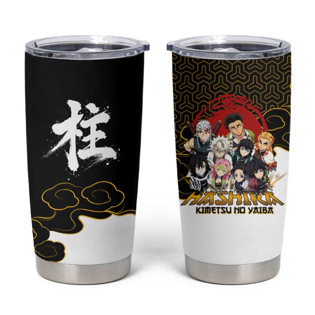 Demon Slayer Hashira Group Design Tumbler Cup with Gold Cloud Pattern and Stylized Kanji Motif - The Mazicc