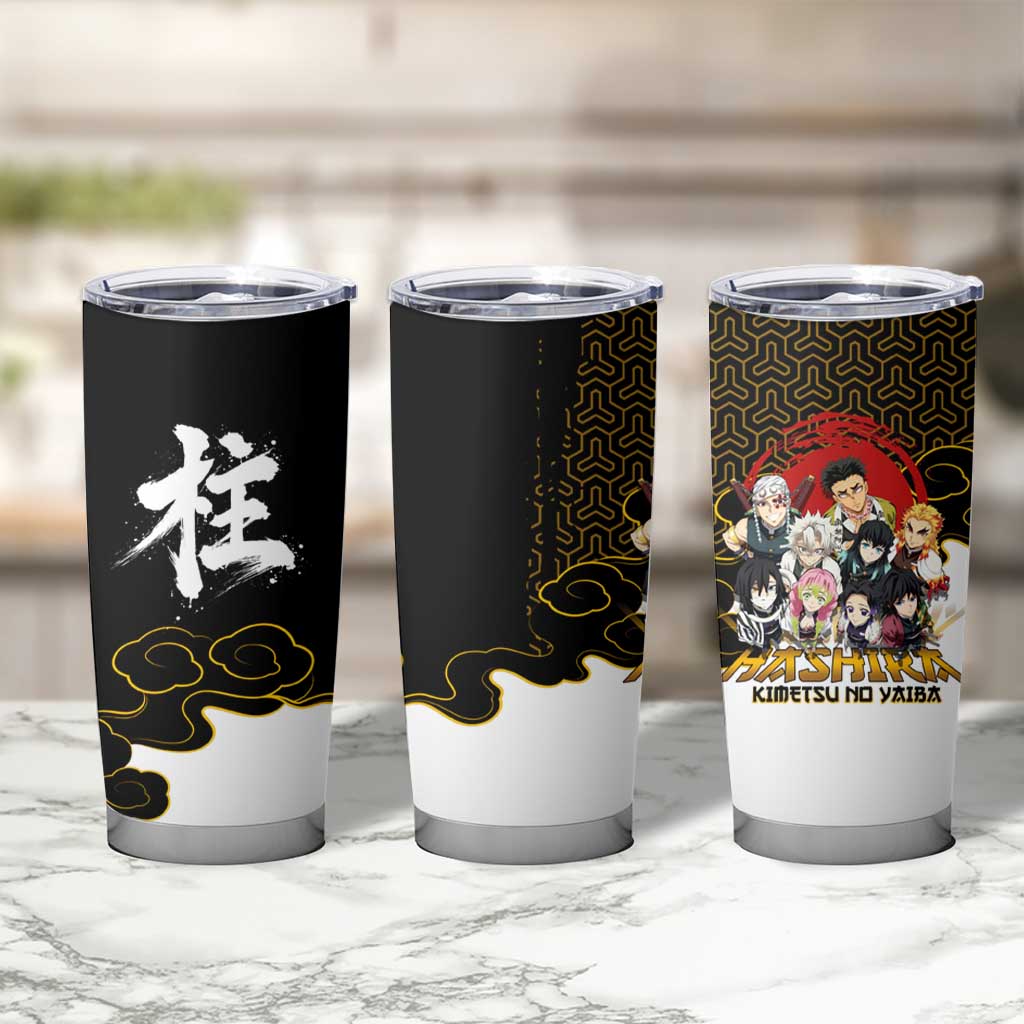 Demon Slayer Hashira Group Design Tumbler Cup with Gold Cloud Pattern and Stylized Kanji Motif - The Mazicc