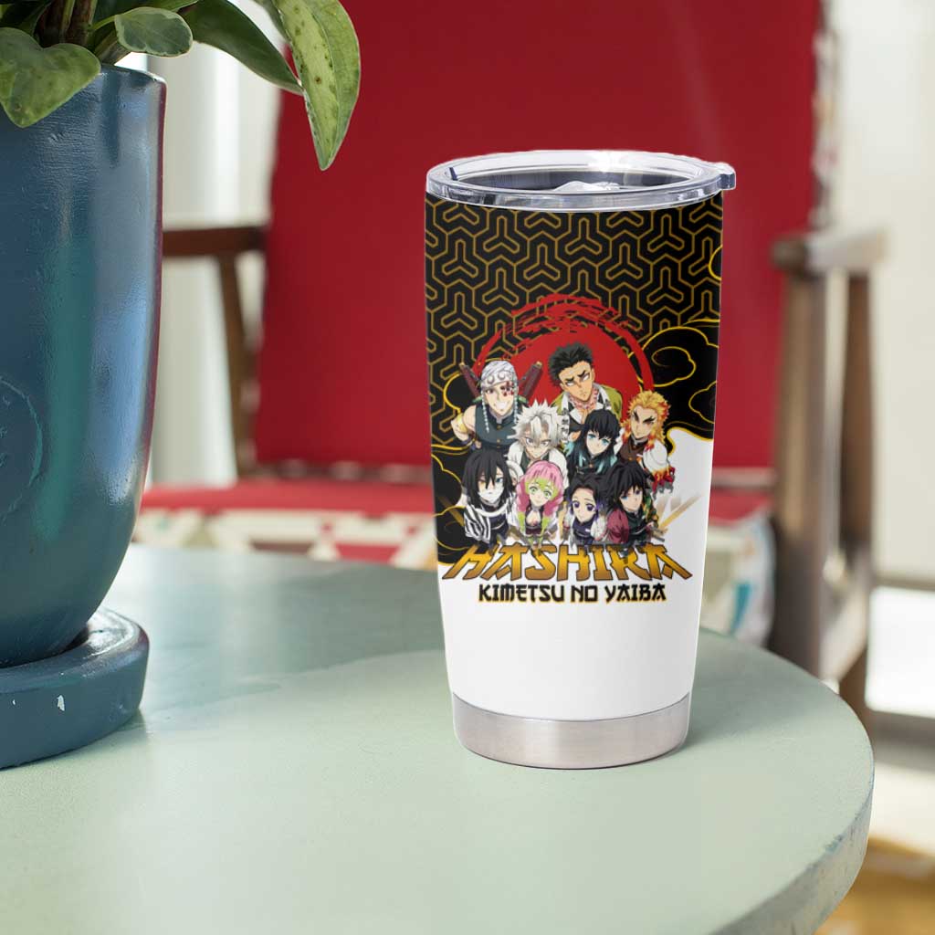 Demon Slayer Hashira Group Design Tumbler Cup with Gold Cloud Pattern and Stylized Kanji Motif - The Mazicc