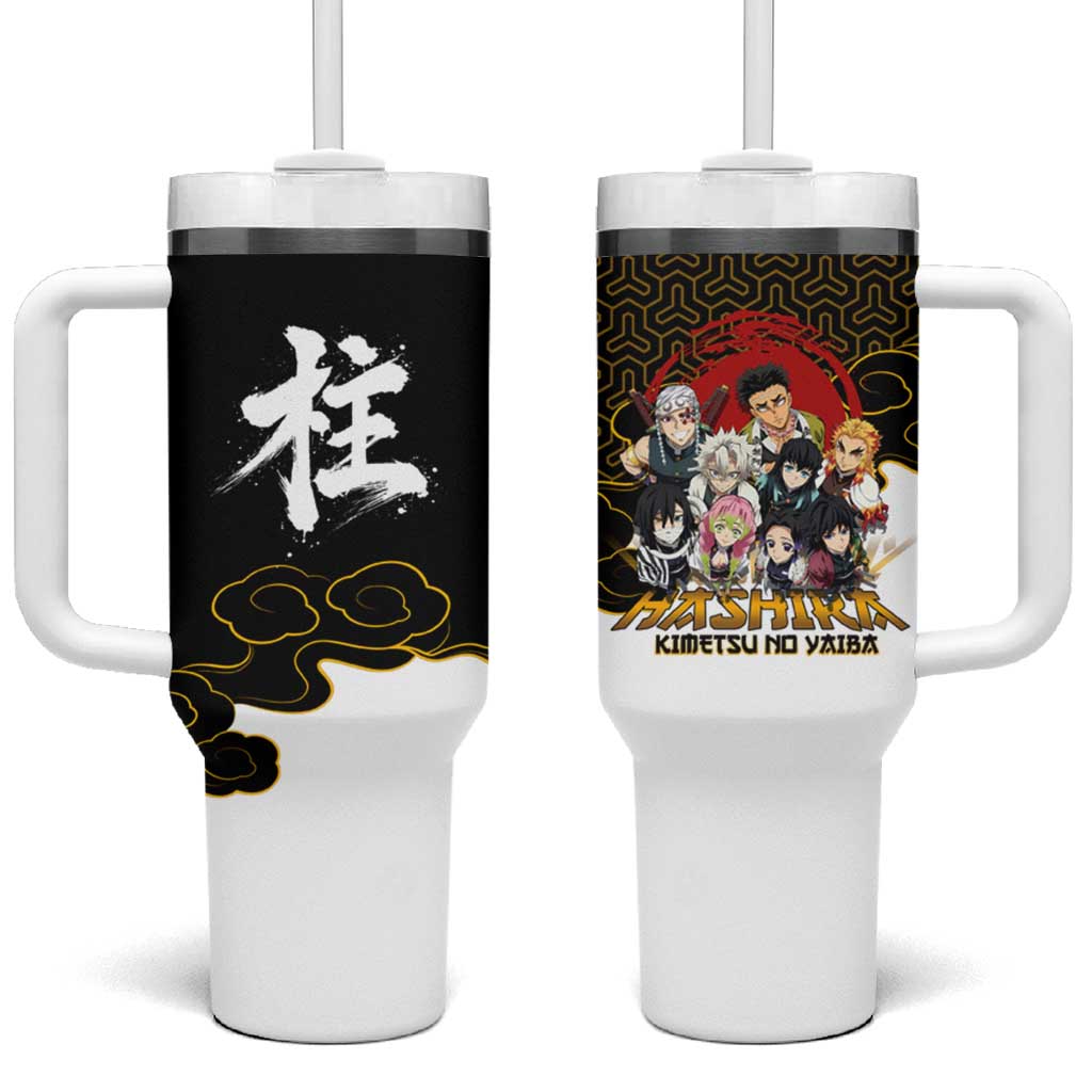 Demon Slayer Hashira Group Design Tumbler With Handle with Gold Cloud Pattern and Stylized Kanji Motif - The Mazicc