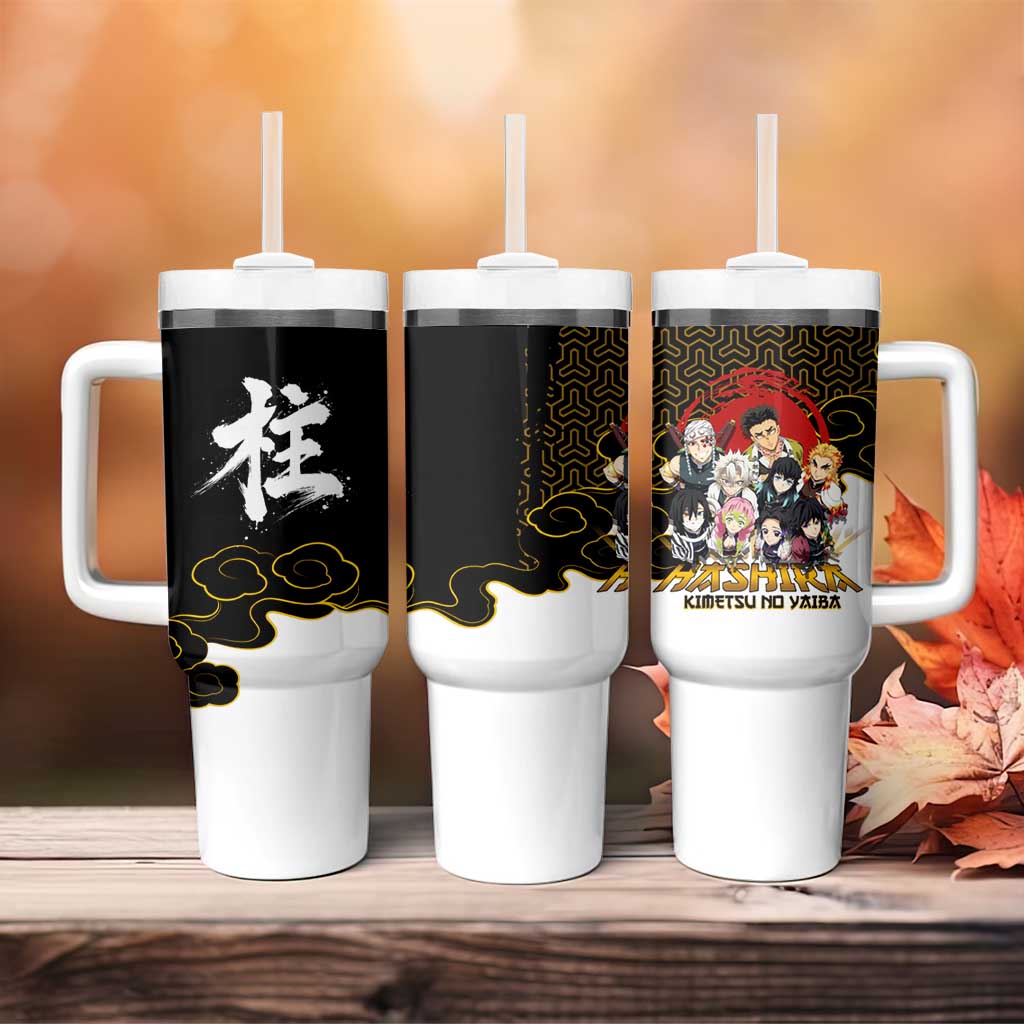 Demon Slayer Hashira Group Design Tumbler With Handle with Gold Cloud Pattern and Stylized Kanji Motif - The Mazicc