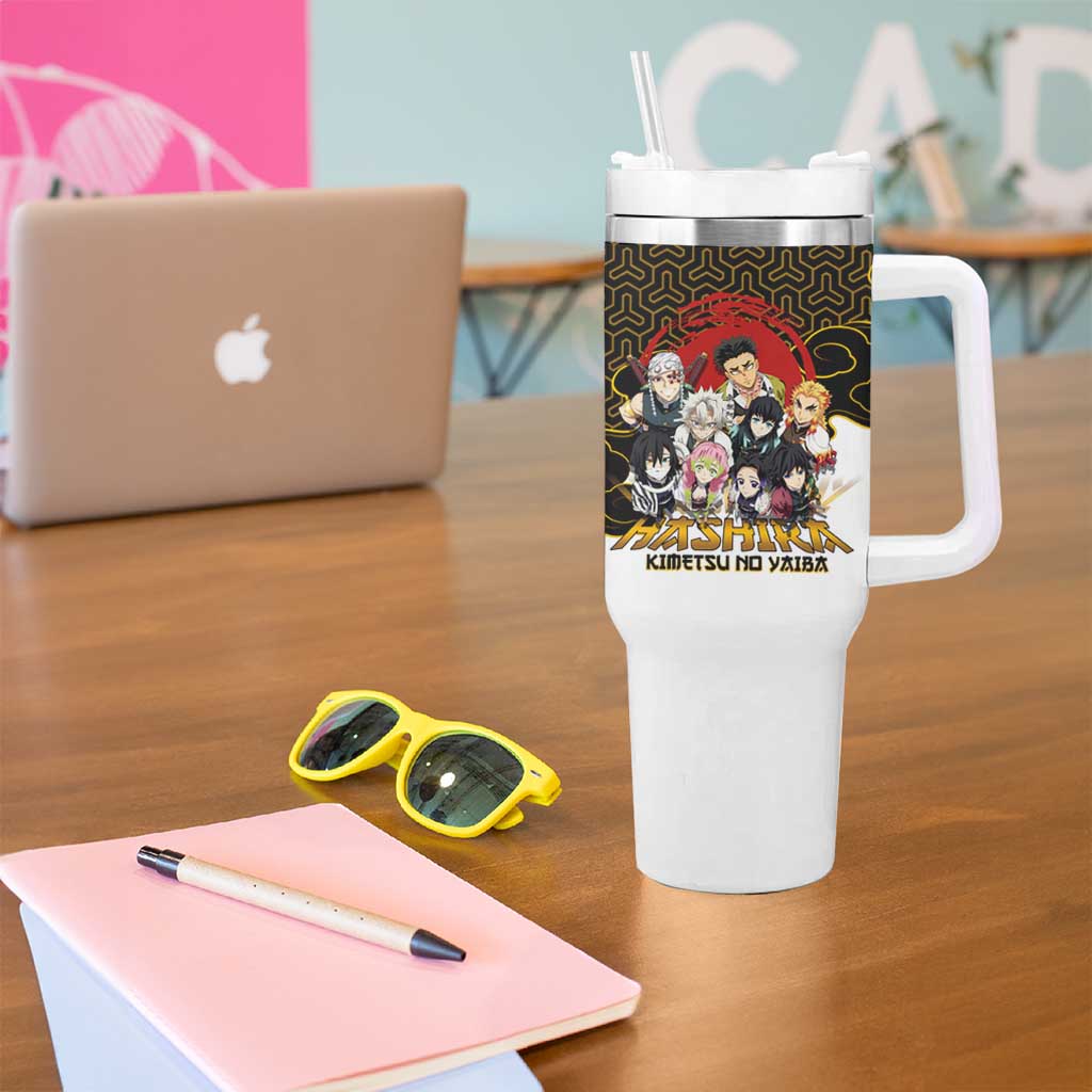 Demon Slayer Hashira Group Design Tumbler With Handle with Gold Cloud Pattern and Stylized Kanji Motif - The Mazicc