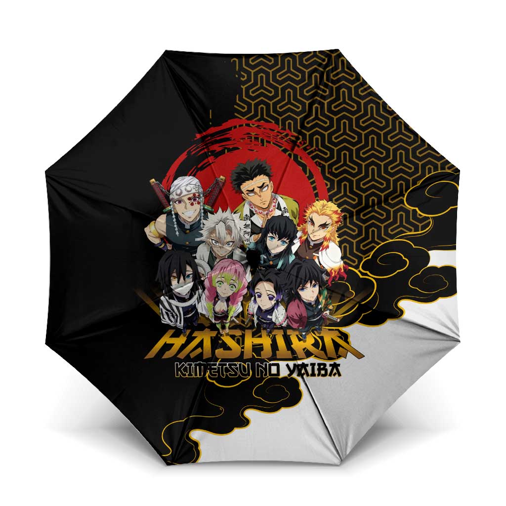 Demon Slayer Hashira Group Design Umbrella with Gold Cloud Pattern and Stylized Kanji Motif - The Mazicc