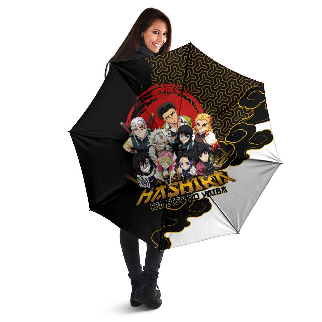 Demon Slayer Hashira Group Design Umbrella with Gold Cloud Pattern and Stylized Kanji Motif - The Mazicc