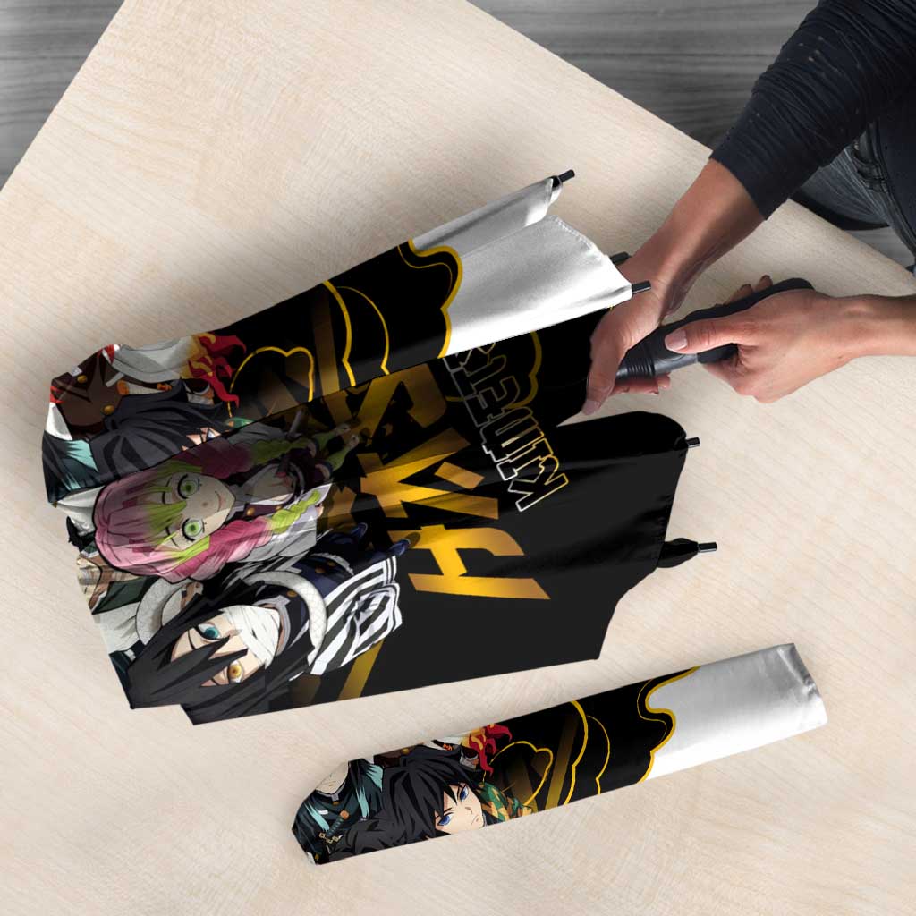 Demon Slayer Hashira Group Design Umbrella with Gold Cloud Pattern and Stylized Kanji Motif - The Mazicc