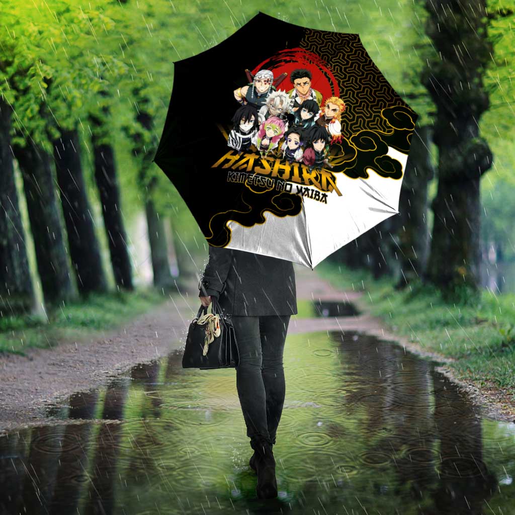 Demon Slayer Hashira Group Design Umbrella with Gold Cloud Pattern and Stylized Kanji Motif - The Mazicc