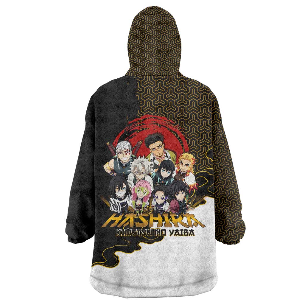 Demon Slayer Hashira Group Design Wearable Blanket Hoodie with Gold Cloud Pattern and Stylized Kanji Motif - The Mazicc