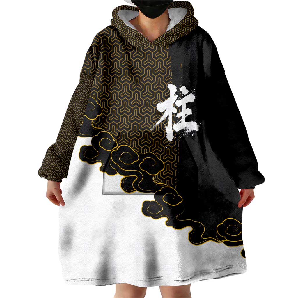 Demon Slayer Hashira Group Design Wearable Blanket Hoodie with Gold Cloud Pattern and Stylized Kanji Motif - The Mazicc