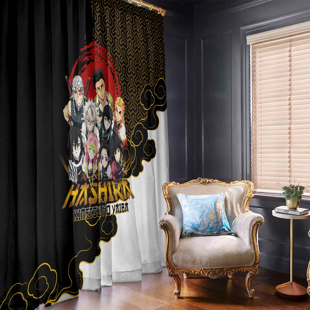 Demon Slayer Hashira Group Design Window Curtain with Gold Cloud Pattern and Stylized Kanji Motif - The Mazicc