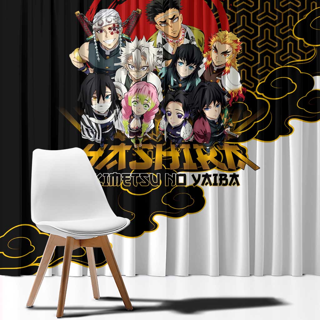 Demon Slayer Hashira Group Design Window Curtain with Gold Cloud Pattern and Stylized Kanji Motif - The Mazicc