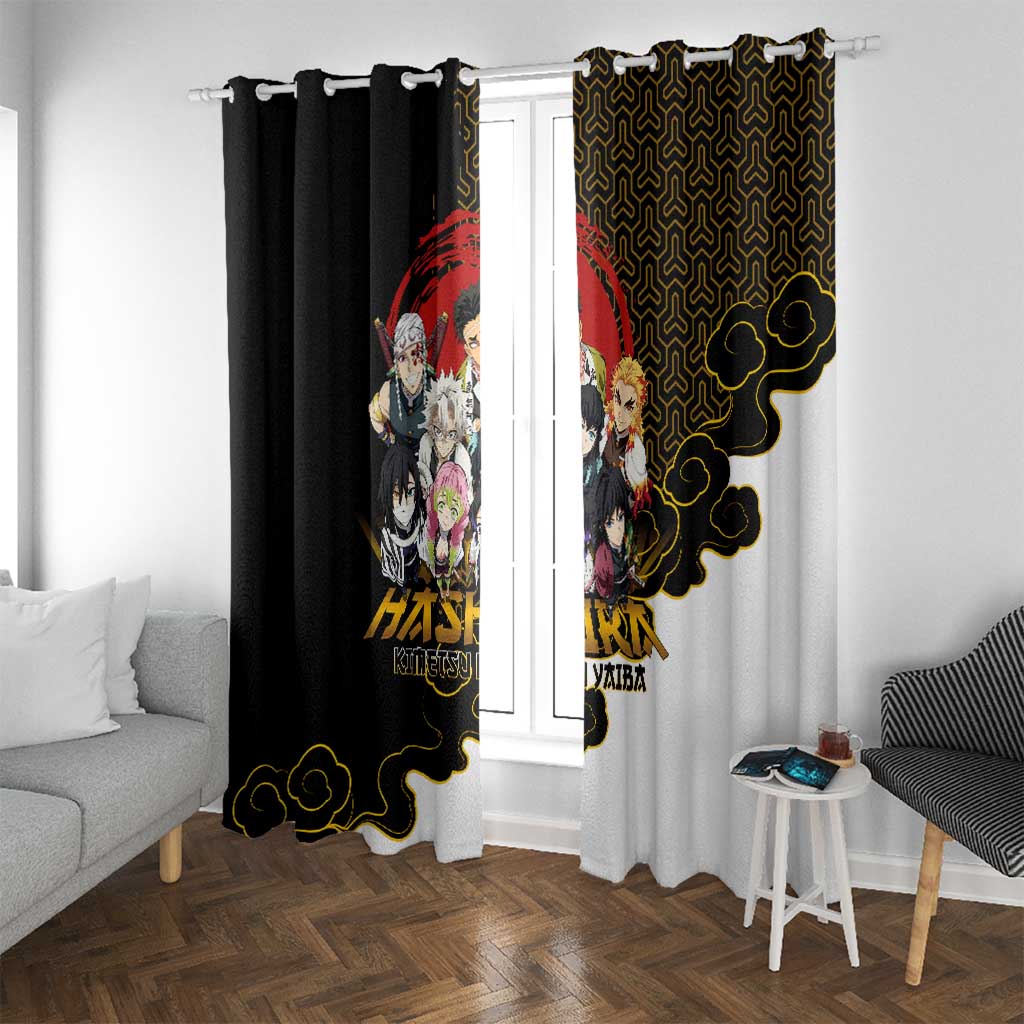 Demon Slayer Hashira Group Design Window Curtain with Gold Cloud Pattern and Stylized Kanji Motif - The Mazicc