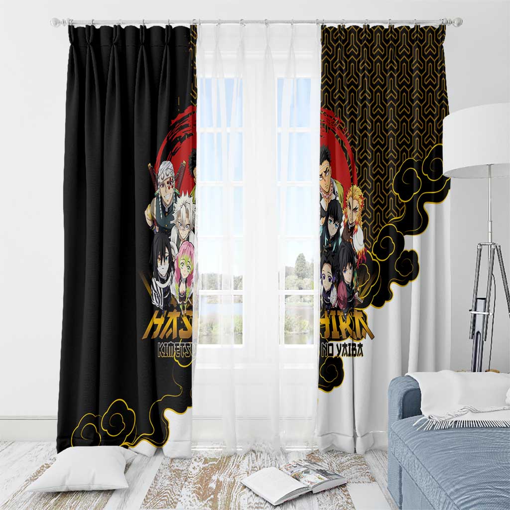 Demon Slayer Hashira Group Design Window Curtain with Gold Cloud Pattern and Stylized Kanji Motif - The Mazicc