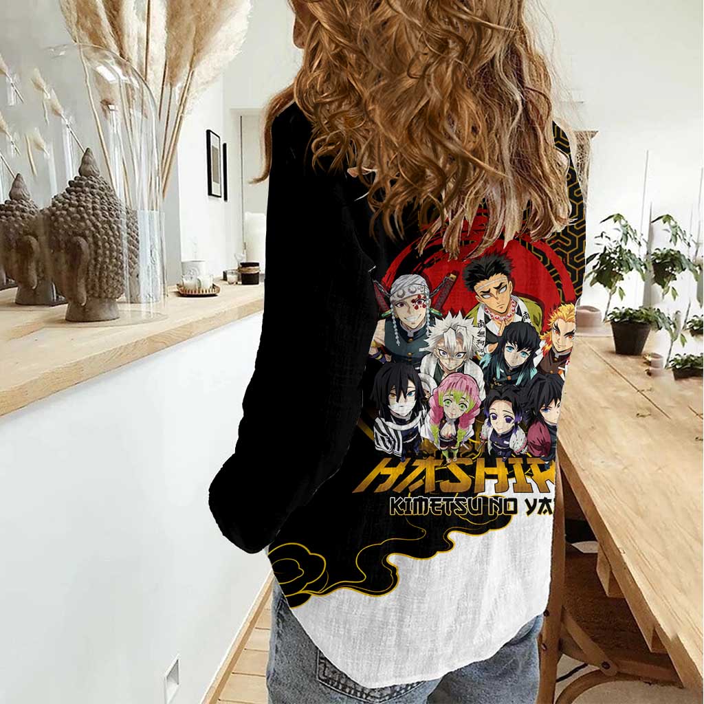 Demon Slayer Hashira Group Design Women Casual Shirt with Gold Cloud Pattern and Stylized Kanji Motif - The Mazicc
