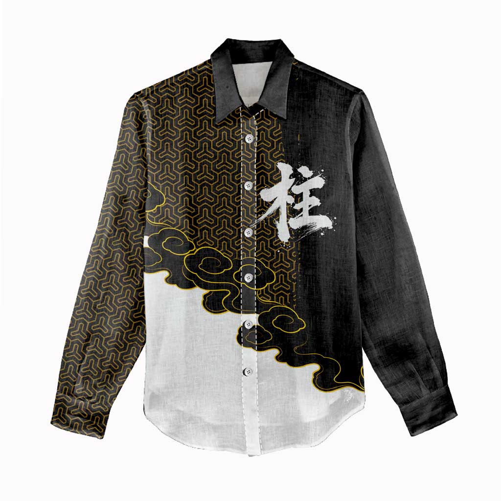 Demon Slayer Hashira Group Design Women Casual Shirt with Gold Cloud Pattern and Stylized Kanji Motif - The Mazicc