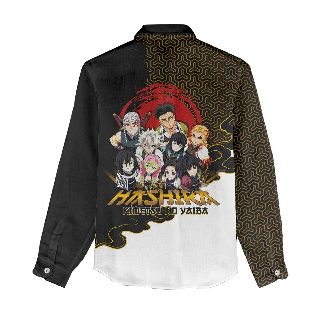 Demon Slayer Hashira Group Design Women Casual Shirt with Gold Cloud Pattern and Stylized Kanji Motif - The Mazicc