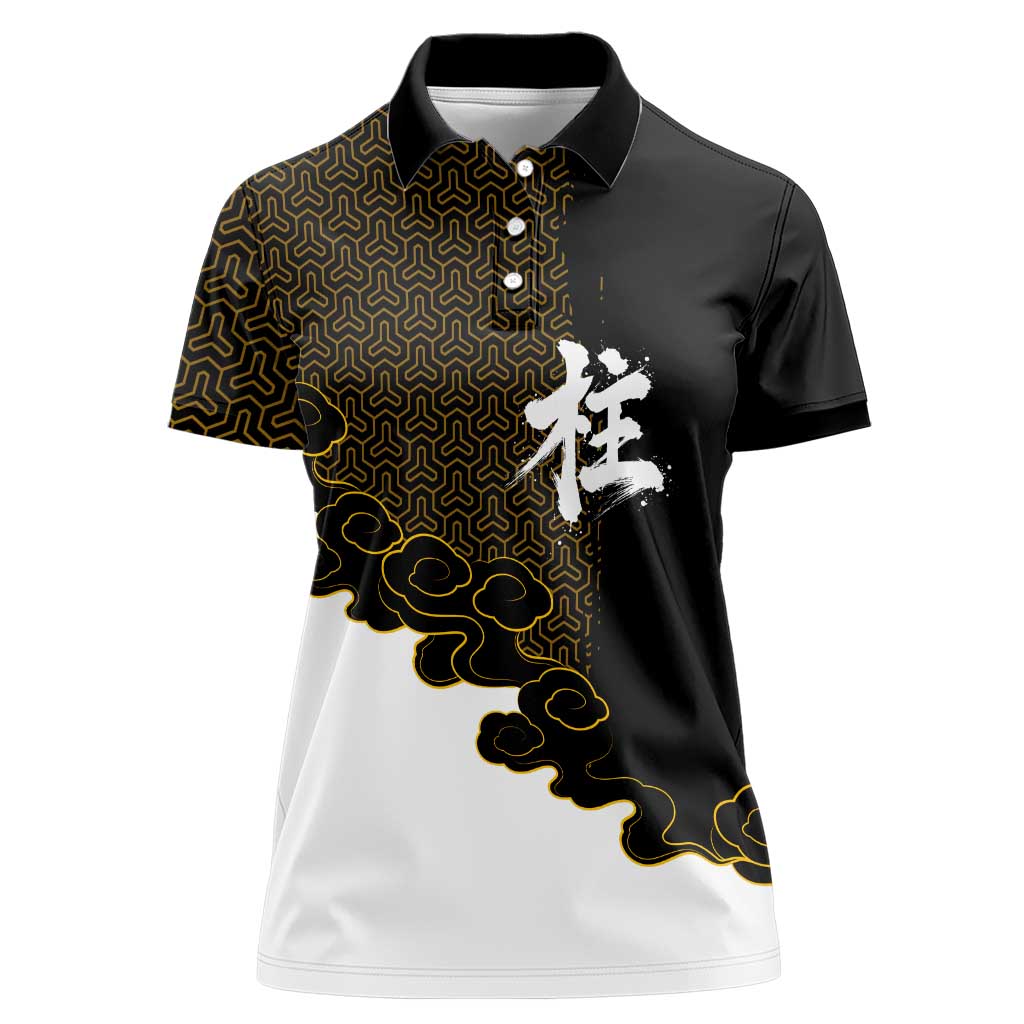 Demon Slayer Hashira Group Design Women Polo Shirt with Gold Cloud Pattern and Stylized Kanji Motif - The Mazicc