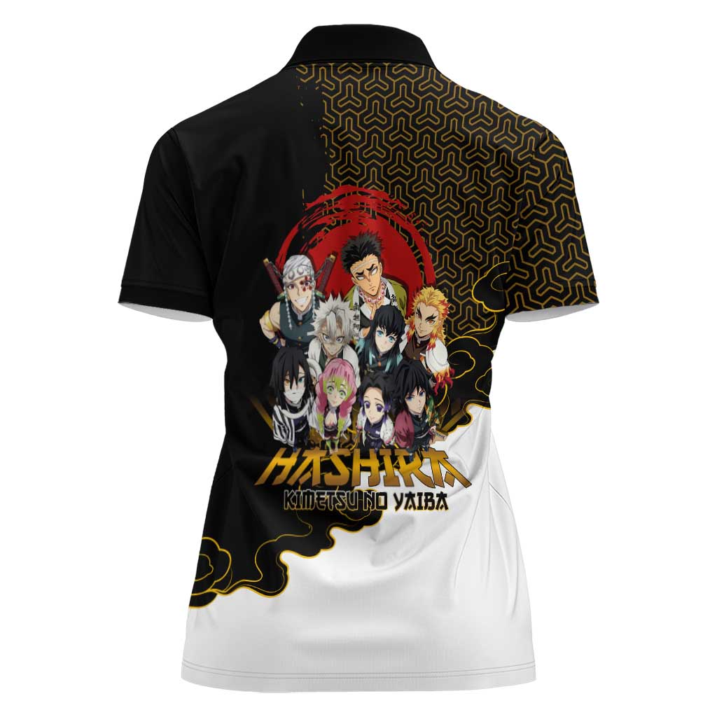 Demon Slayer Hashira Group Design Women Polo Shirt with Gold Cloud Pattern and Stylized Kanji Motif - The Mazicc