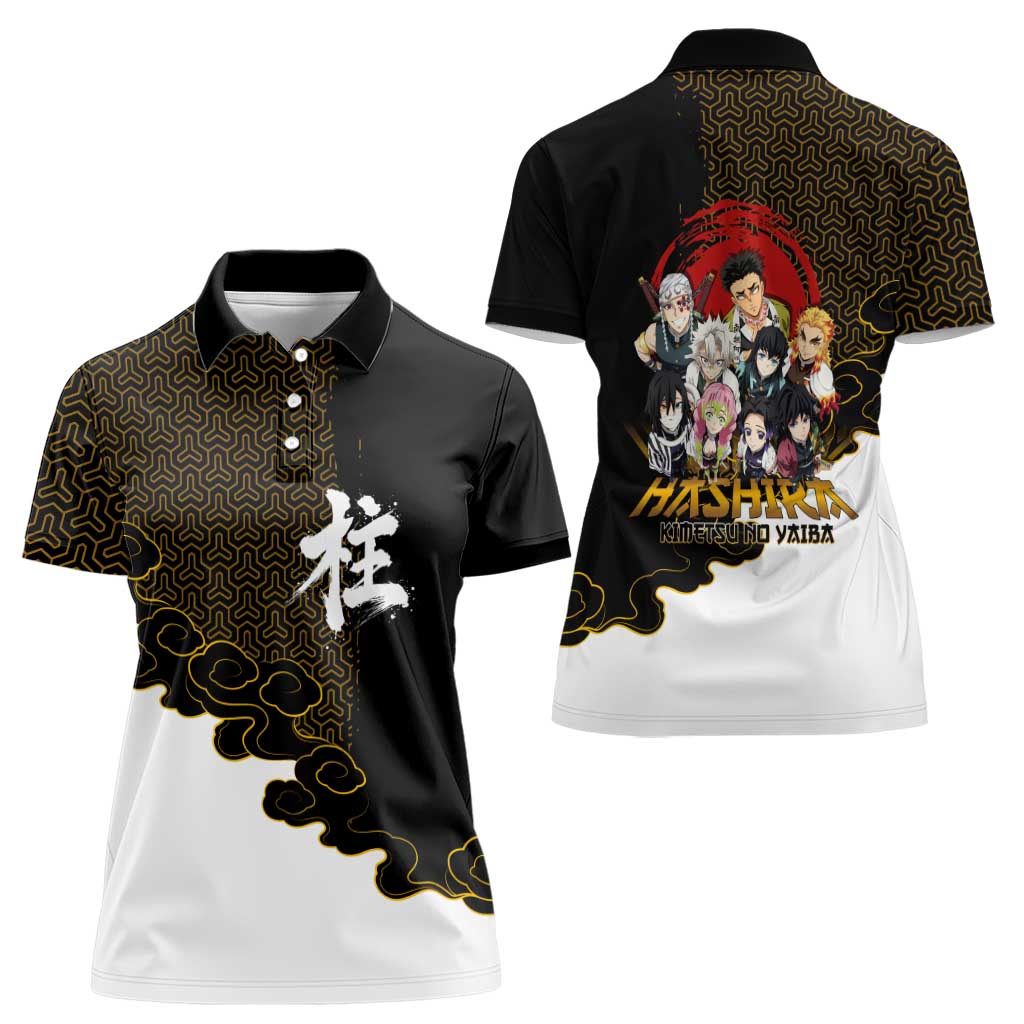 Demon Slayer Hashira Group Design Women Polo Shirt with Gold Cloud Pattern and Stylized Kanji Motif - The Mazicc