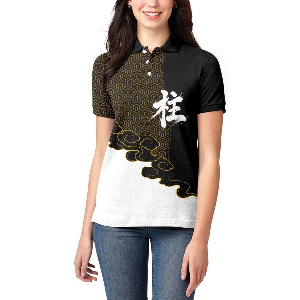 Demon Slayer Hashira Group Design Women Polo Shirt with Gold Cloud Pattern and Stylized Kanji Motif - The Mazicc