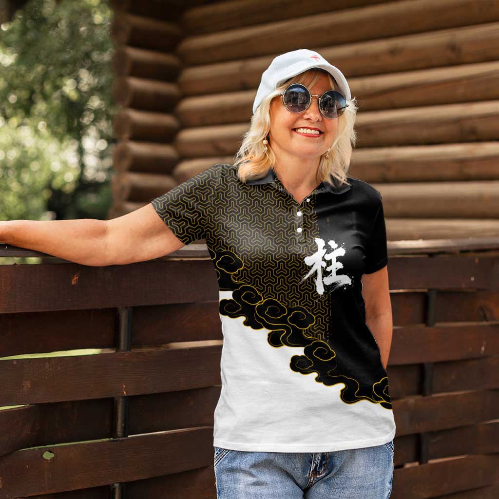 Demon Slayer Hashira Group Design Women Polo Shirt with Gold Cloud Pattern and Stylized Kanji Motif - The Mazicc