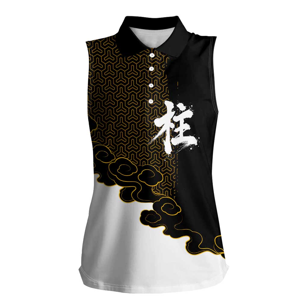 Demon Slayer Hashira Group Design Women Sleeveless Polo Shirt with Gold Cloud Pattern and Stylized Kanji Motif - The Mazicc