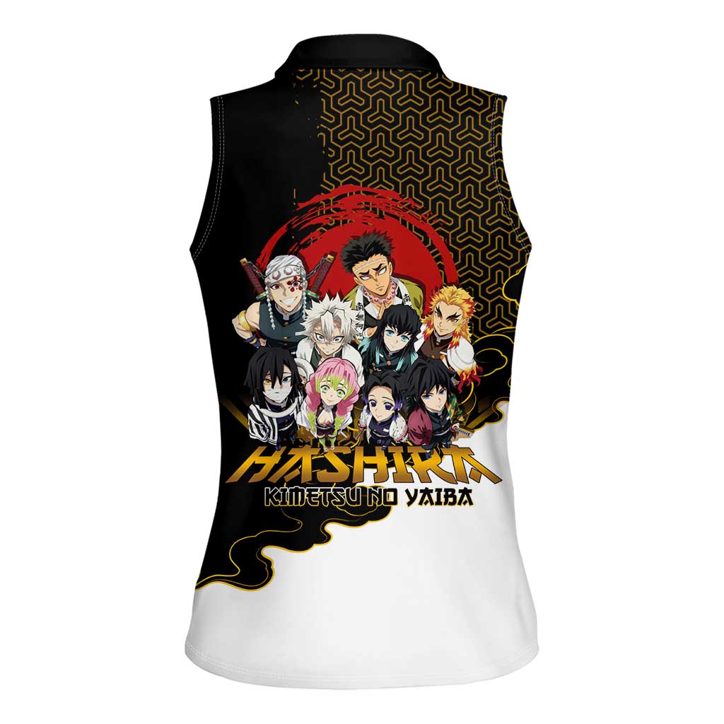 Demon Slayer Hashira Group Design Women Sleeveless Polo Shirt with Gold Cloud Pattern and Stylized Kanji Motif - The Mazicc