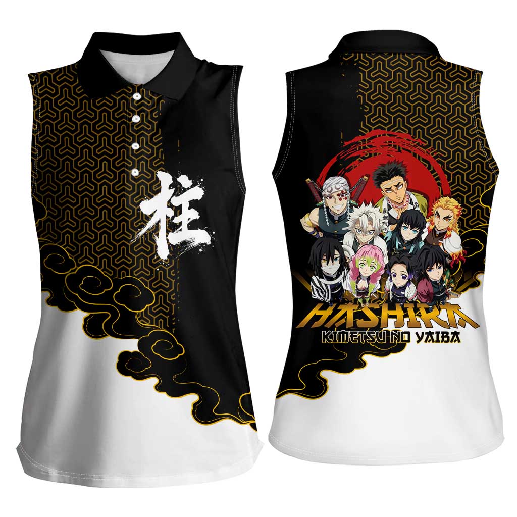 Demon Slayer Hashira Group Design Women Sleeveless Polo Shirt with Gold Cloud Pattern and Stylized Kanji Motif - The Mazicc