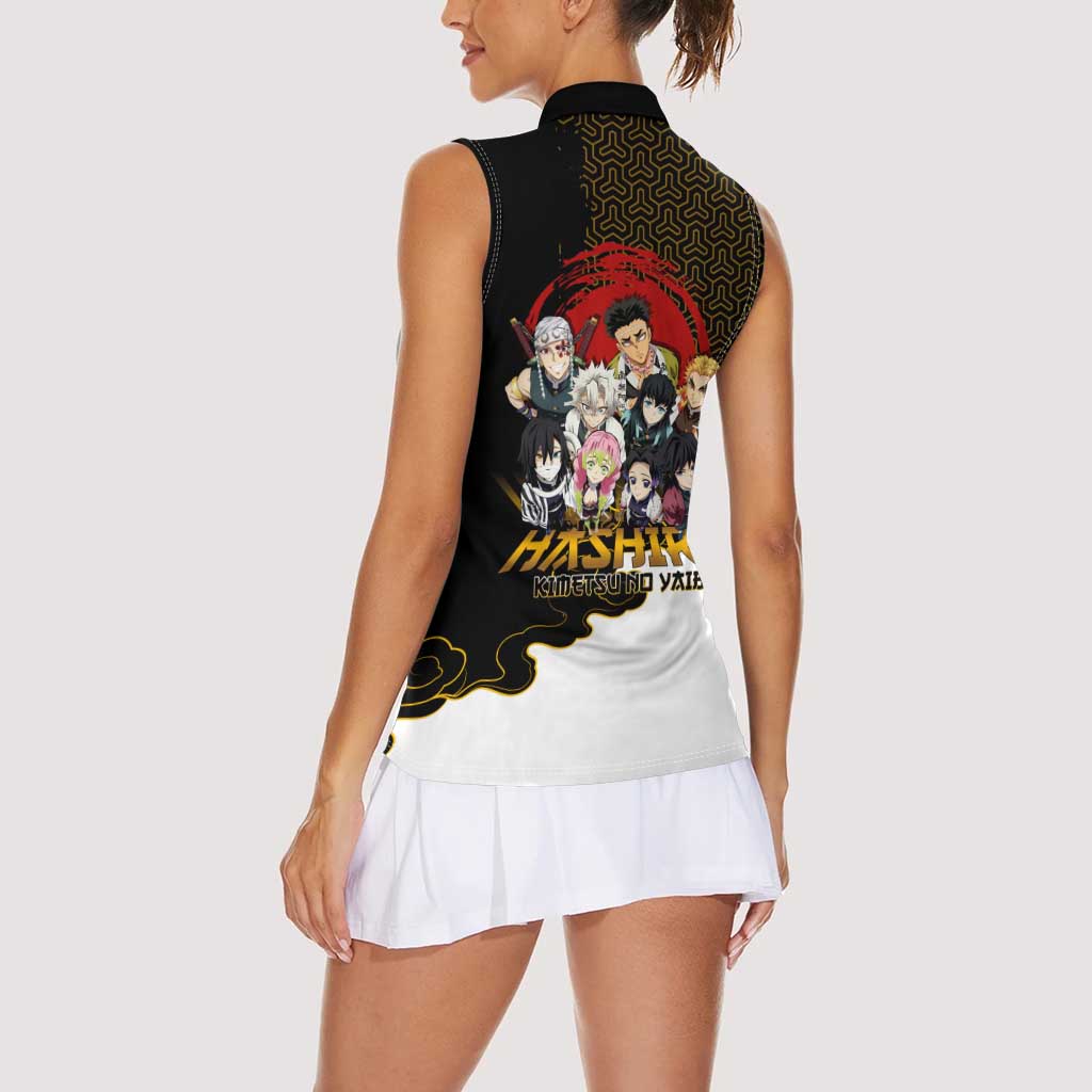 Demon Slayer Hashira Group Design Women Sleeveless Polo Shirt with Gold Cloud Pattern and Stylized Kanji Motif - The Mazicc