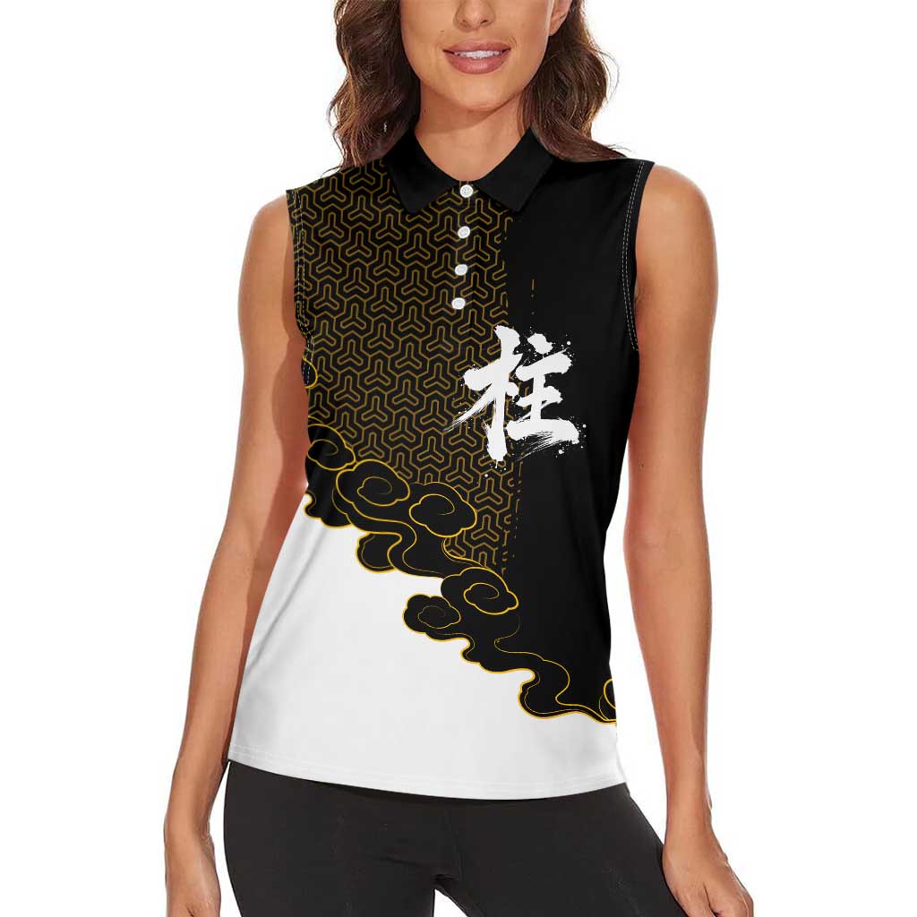 Demon Slayer Hashira Group Design Women Sleeveless Polo Shirt with Gold Cloud Pattern and Stylized Kanji Motif - The Mazicc