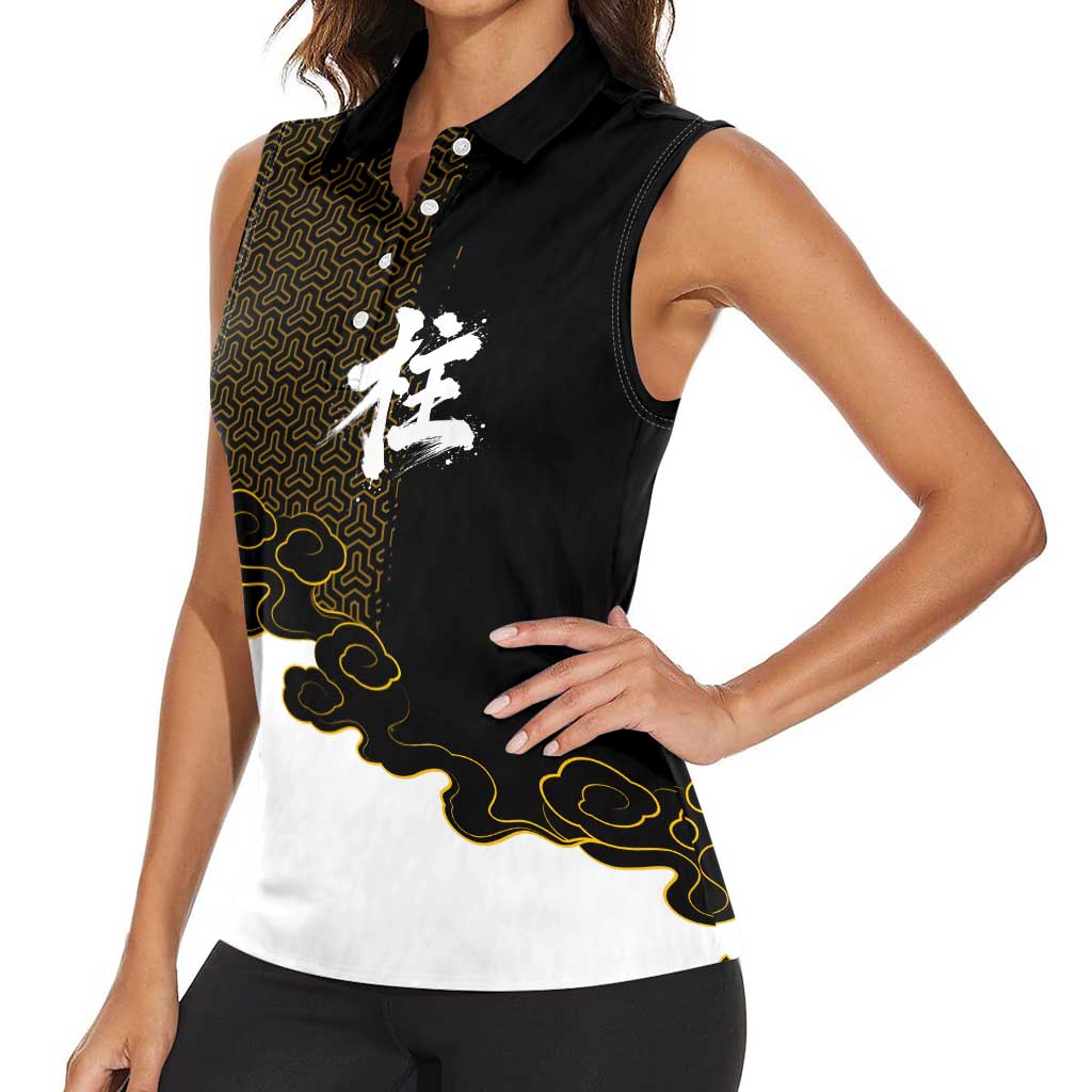 Demon Slayer Hashira Group Design Women Sleeveless Polo Shirt with Gold Cloud Pattern and Stylized Kanji Motif - The Mazicc