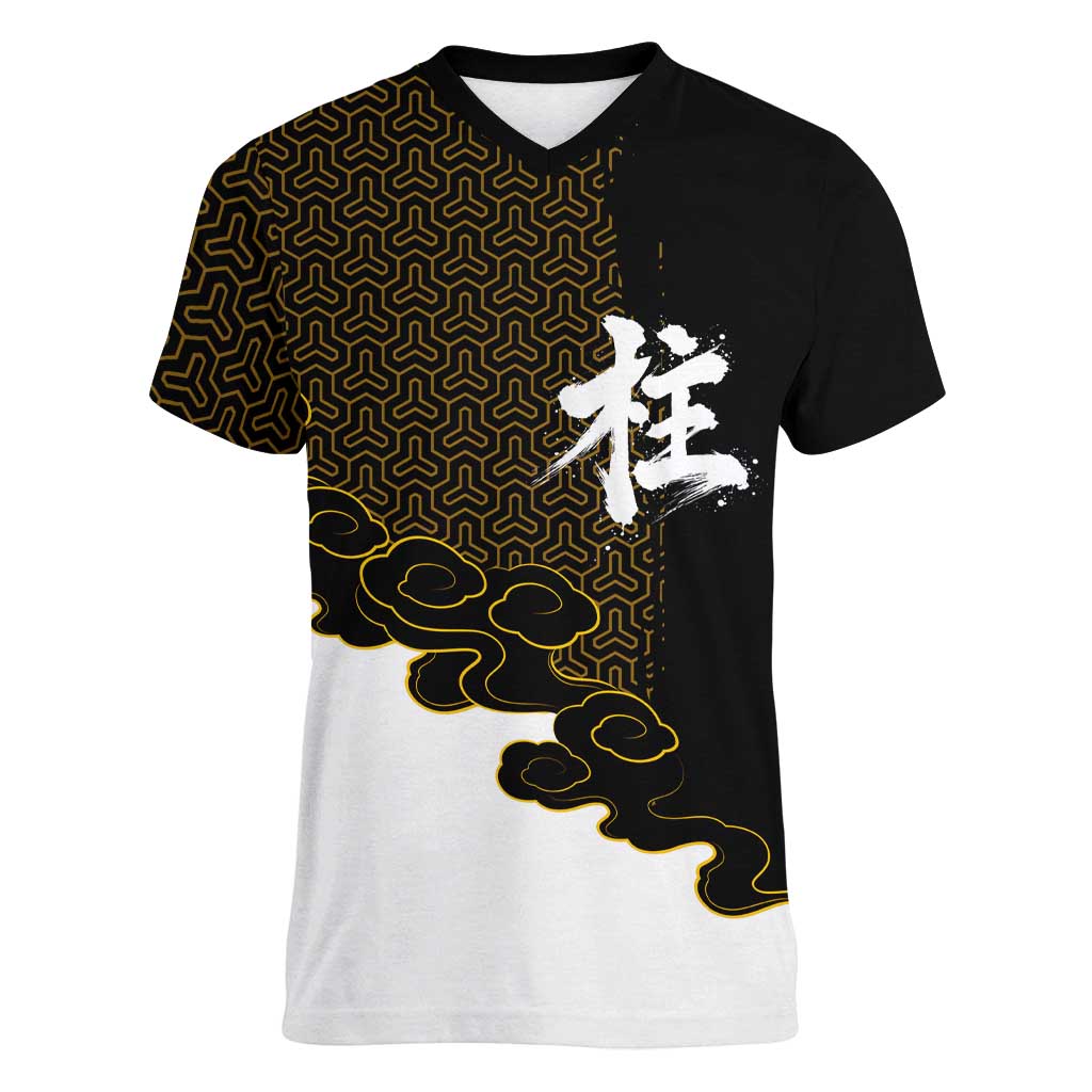 Demon Slayer Hashira Group Design Women V-Neck T-Shirt with Gold Cloud Pattern and Stylized Kanji Motif - The Mazicc