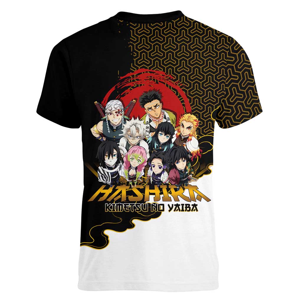 Demon Slayer Hashira Group Design Women V-Neck T-Shirt with Gold Cloud Pattern and Stylized Kanji Motif - The Mazicc