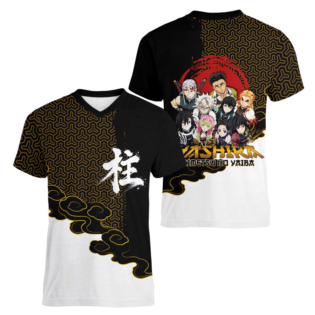 Demon Slayer Hashira Group Design Women V-Neck T-Shirt with Gold Cloud Pattern and Stylized Kanji Motif - The Mazicc