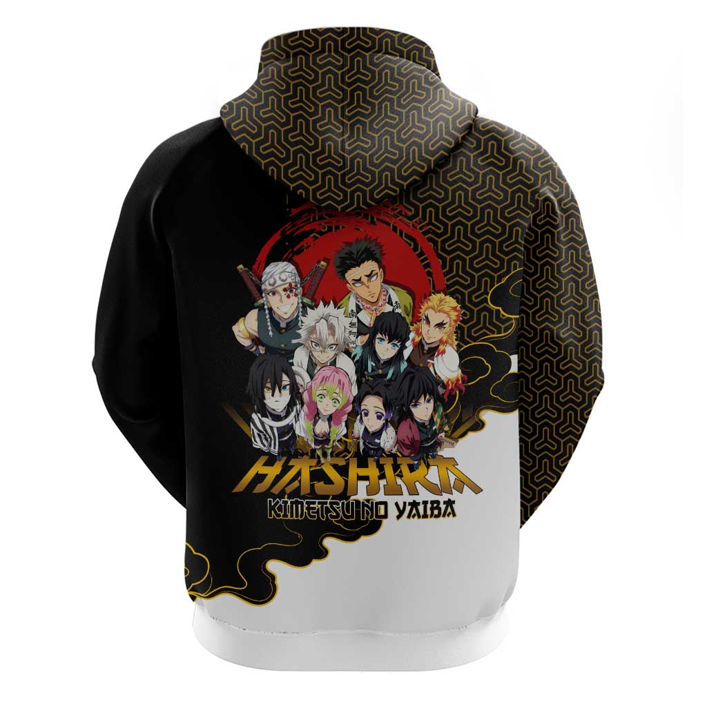 Demon Slayer Hashira Group Design Zip Hoodie with Gold Cloud Pattern and Stylized Kanji Motif - The Mazicc