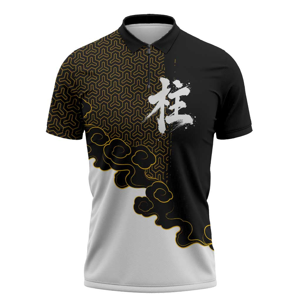 Demon Slayer Hashira Group Design Zipper Polo Shirt with Gold Cloud Pattern and Stylized Kanji Motif - The Mazicc