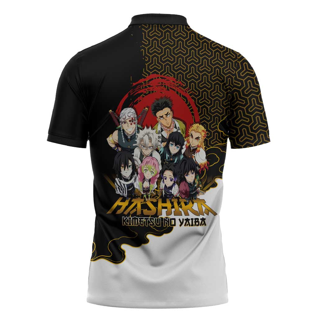 Demon Slayer Hashira Group Design Zipper Polo Shirt with Gold Cloud Pattern and Stylized Kanji Motif - The Mazicc