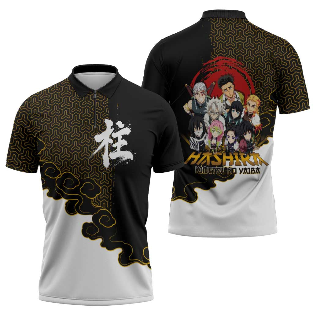 Demon Slayer Hashira Group Design Zipper Polo Shirt with Gold Cloud Pattern and Stylized Kanji Motif - The Mazicc