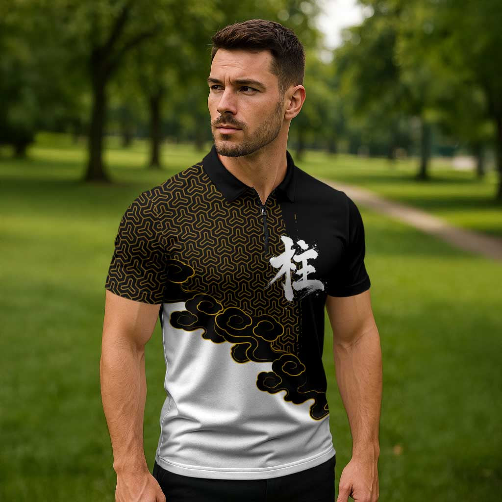 Demon Slayer Hashira Group Design Zipper Polo Shirt with Gold Cloud Pattern and Stylized Kanji Motif - The Mazicc