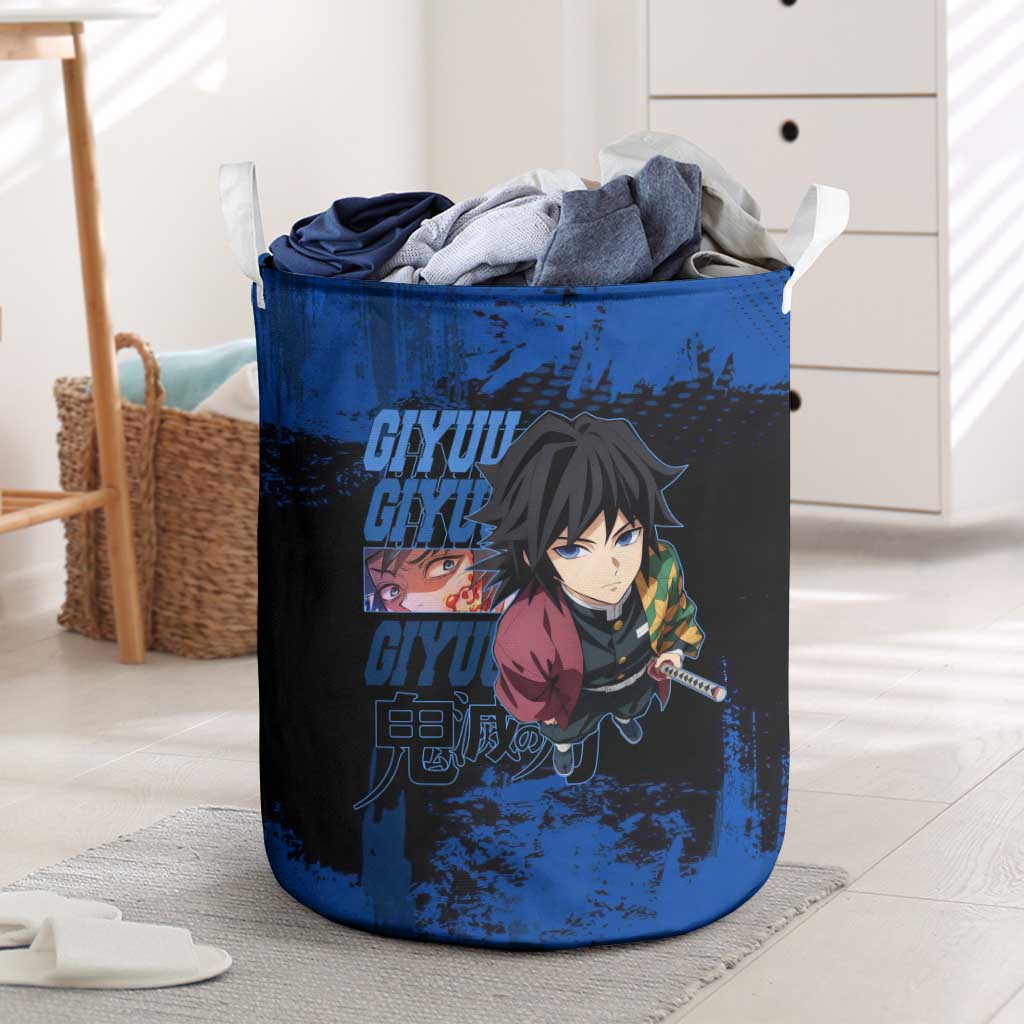 Giyu Tomioka Demon Slayer Blue Grunge Design Laundry Basket with Intense Eyes and Sword Stance - The Mazicc