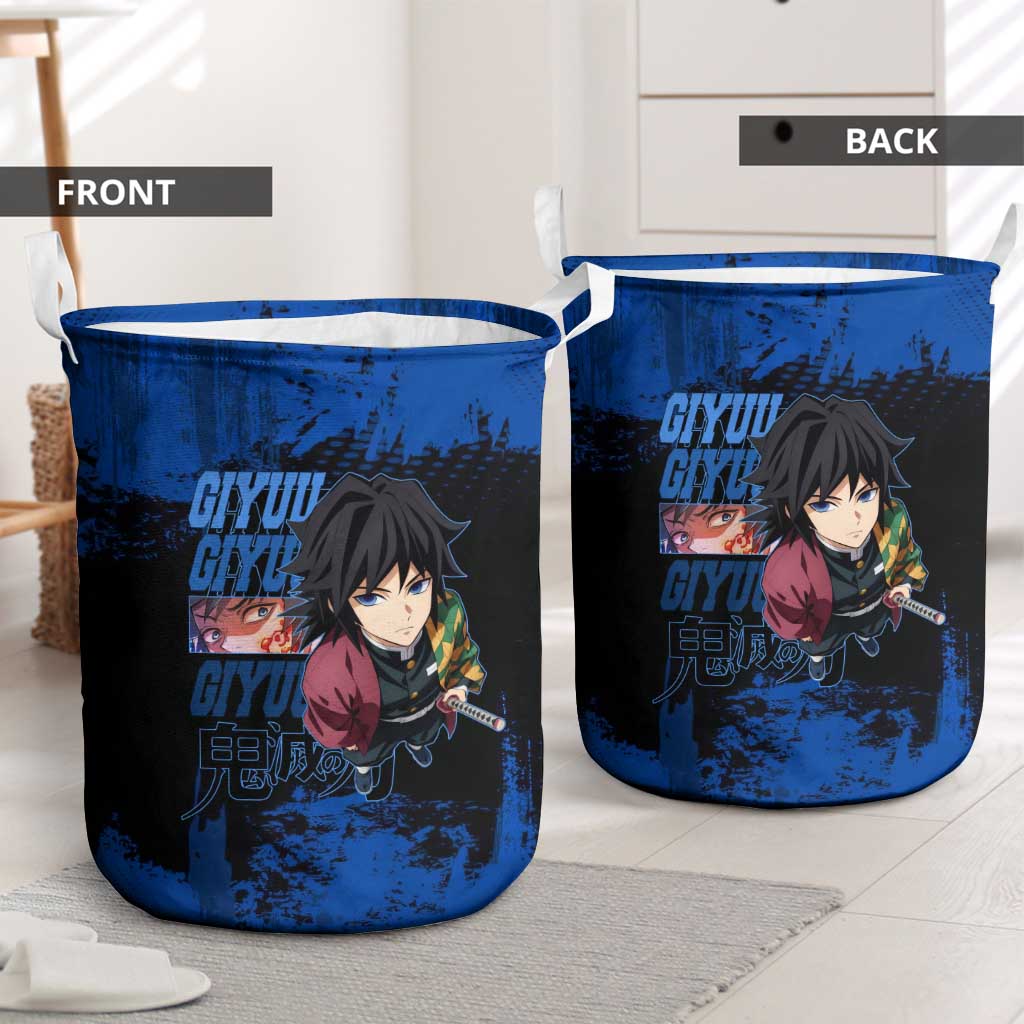 Giyu Tomioka Demon Slayer Blue Grunge Design Laundry Basket with Intense Eyes and Sword Stance - The Mazicc