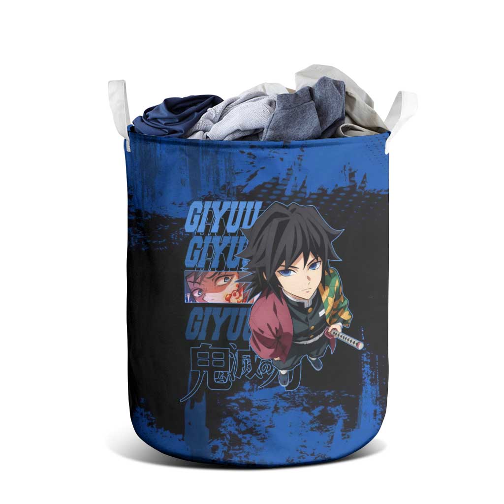 Giyu Tomioka Demon Slayer Blue Grunge Design Laundry Basket with Intense Eyes and Sword Stance - The Mazicc