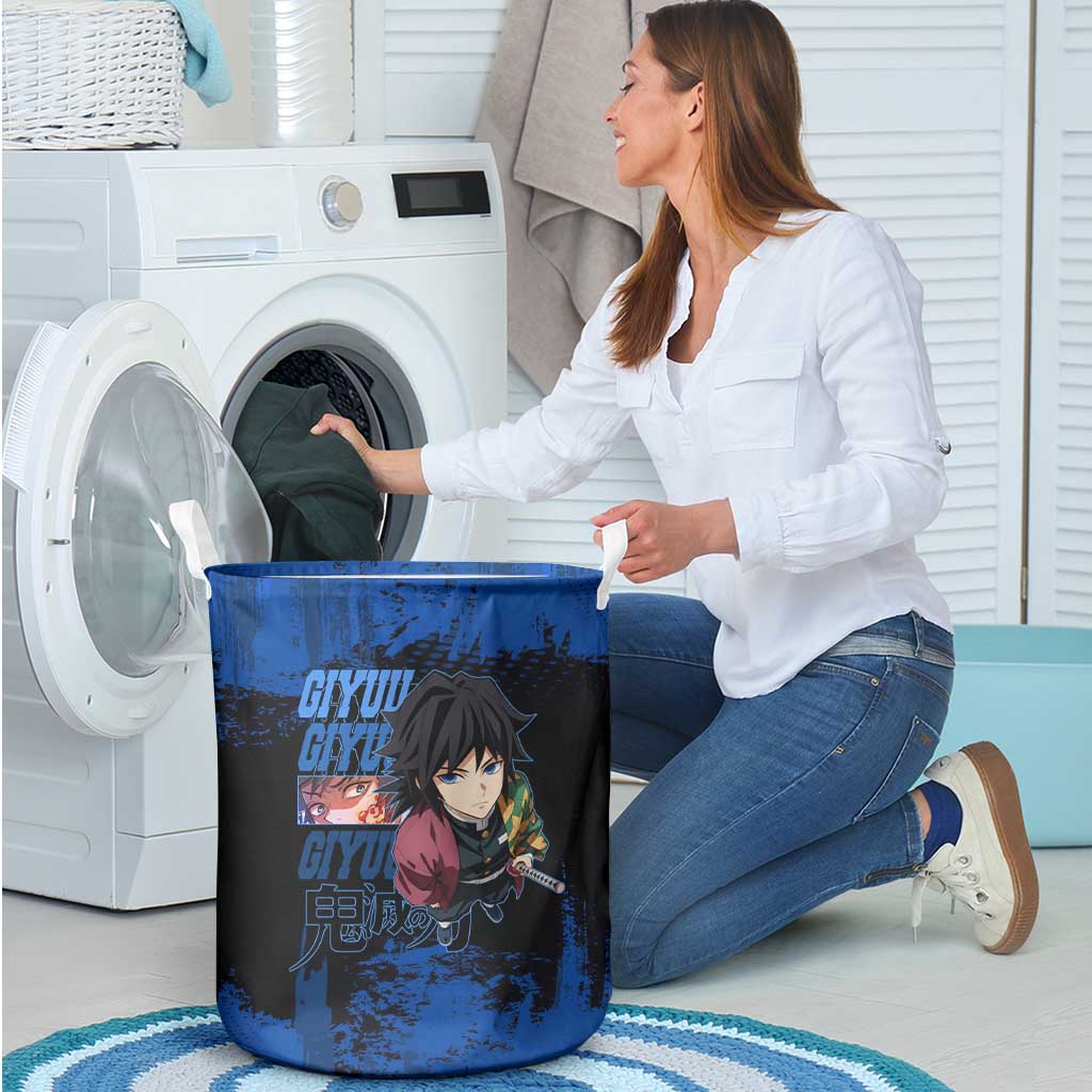Giyu Tomioka Demon Slayer Blue Grunge Design Laundry Basket with Intense Eyes and Sword Stance - The Mazicc