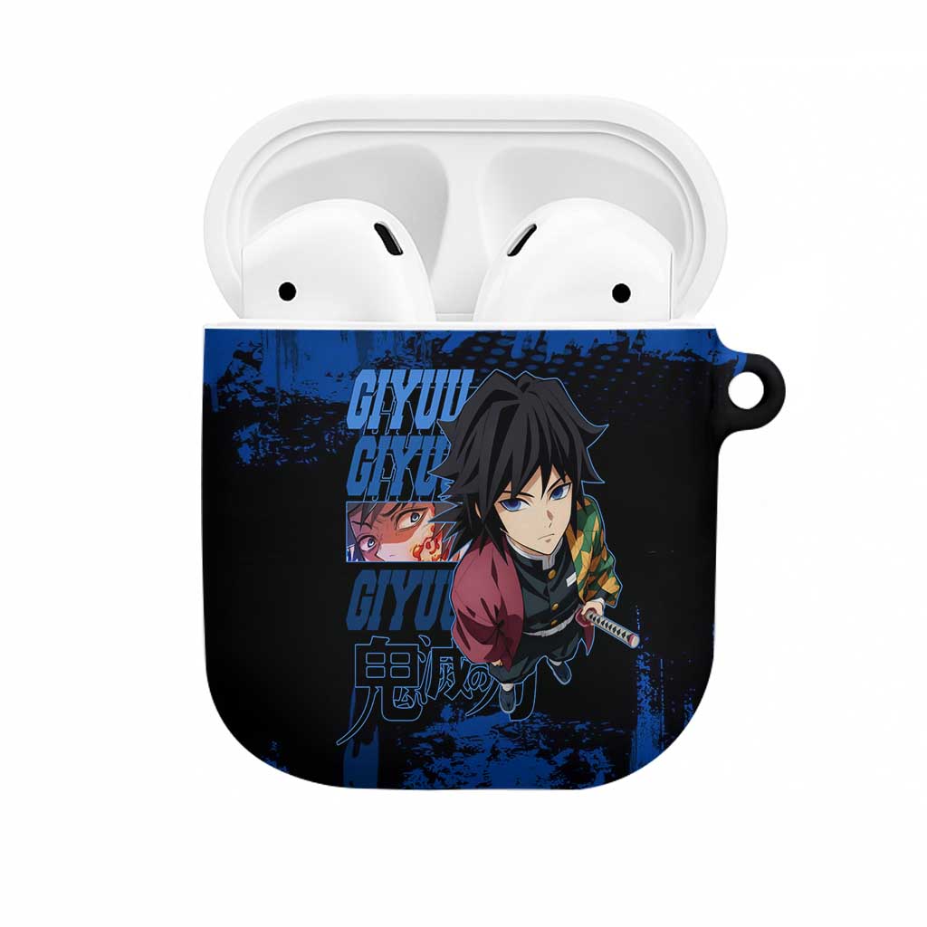 Giyu Tomioka Demon Slayer Blue Grunge Design AirPods Case with Intense Eyes and Sword Stance - The Mazicc