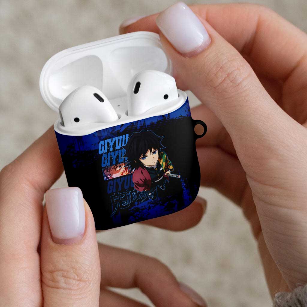 Giyu Tomioka Demon Slayer Blue Grunge Design AirPods Case with Intense Eyes and Sword Stance - The Mazicc