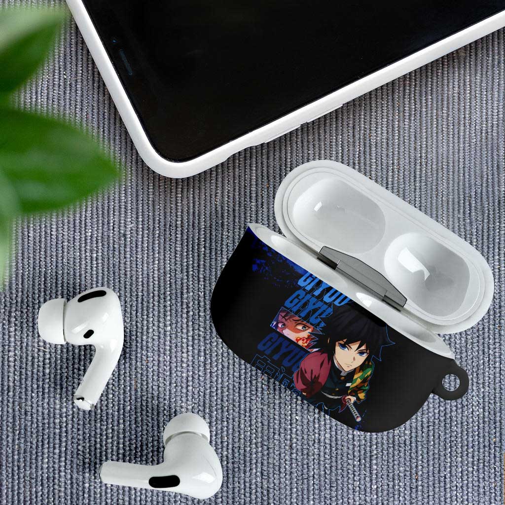 Giyu Tomioka Demon Slayer Blue Grunge Design AirPods Case with Intense Eyes and Sword Stance - The Mazicc
