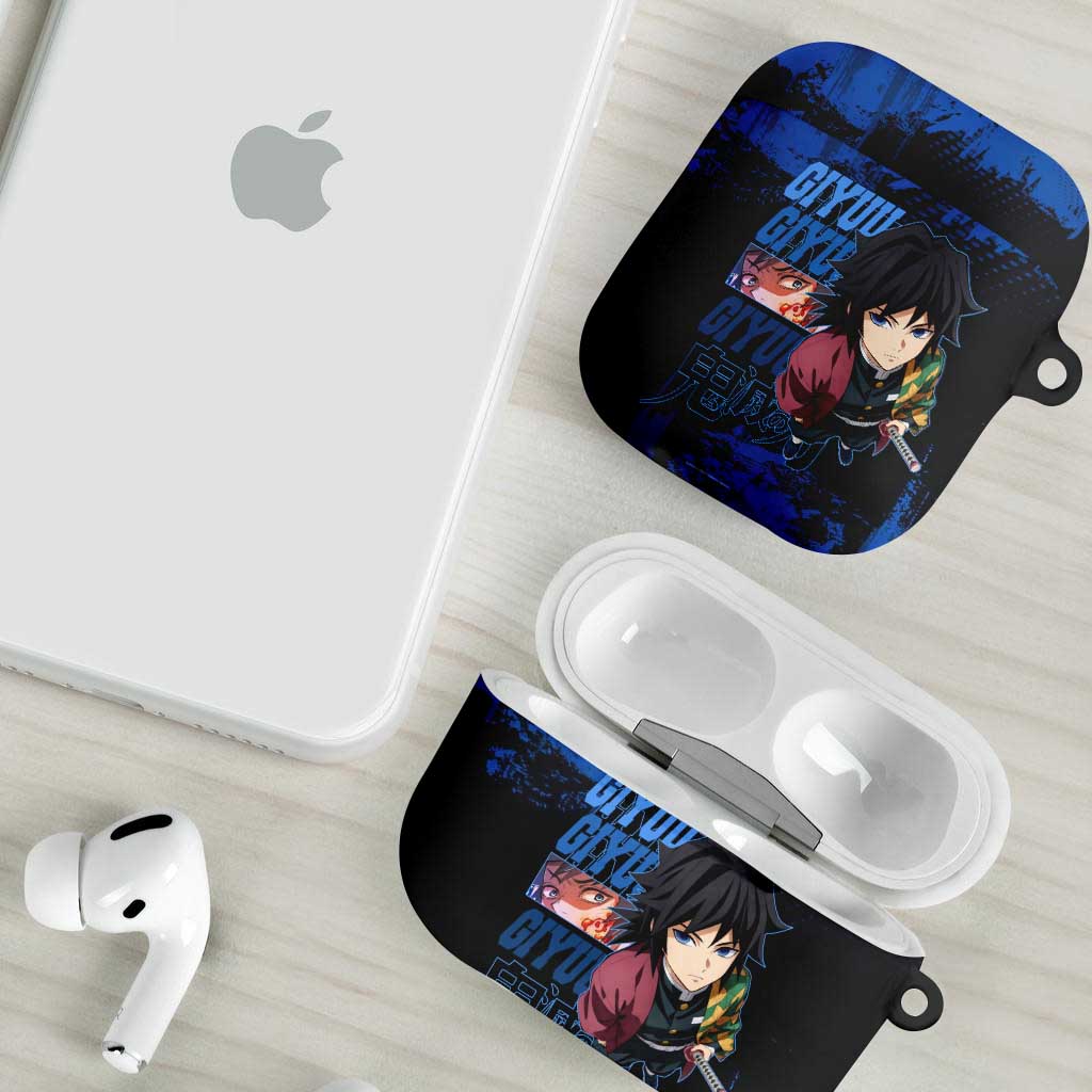 Giyu Tomioka Demon Slayer Blue Grunge Design AirPods Case with Intense Eyes and Sword Stance - The Mazicc