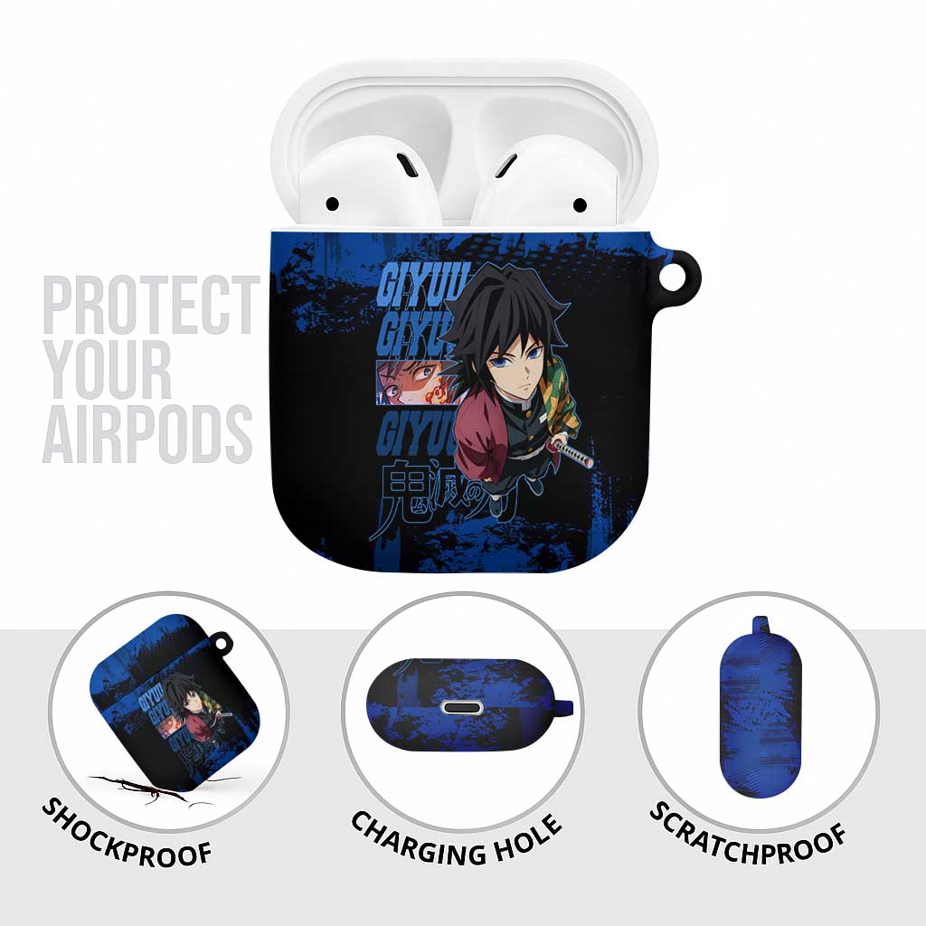 Giyu Tomioka Demon Slayer Blue Grunge Design AirPods Case with Intense Eyes and Sword Stance - The Mazicc