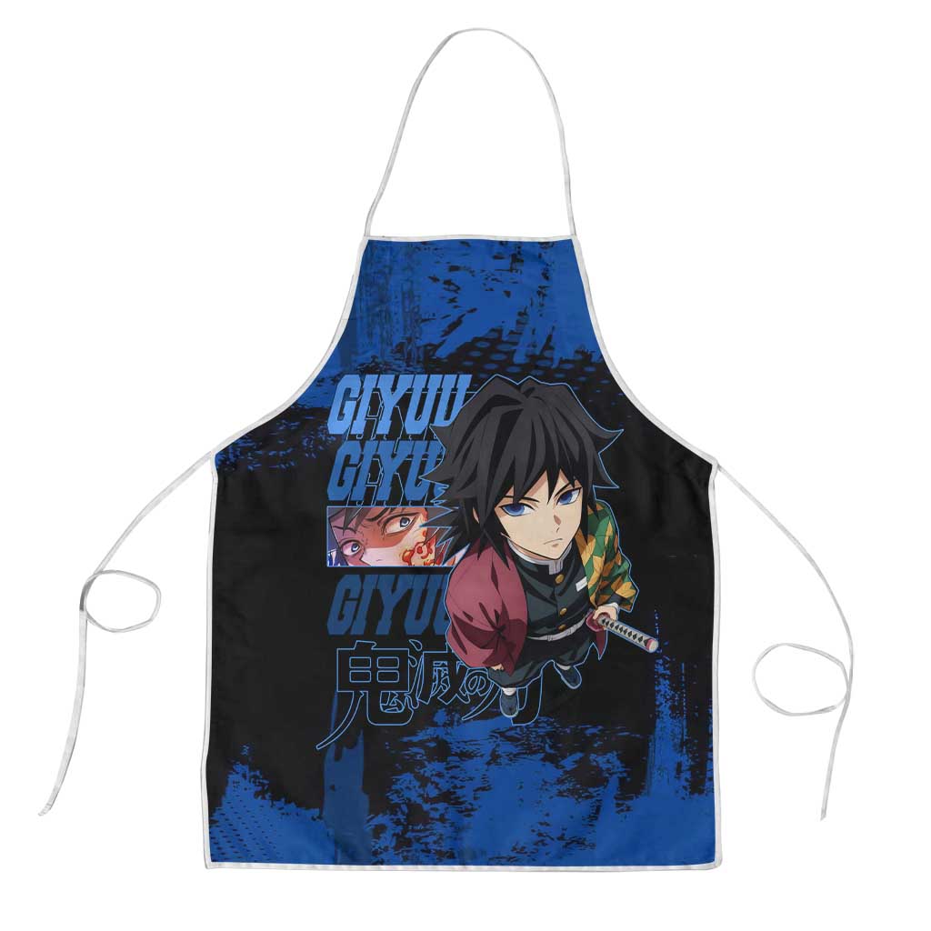 Giyu Tomioka Demon Slayer Blue Grunge Design Apron with Intense Eyes and Sword Stance - The Mazicc