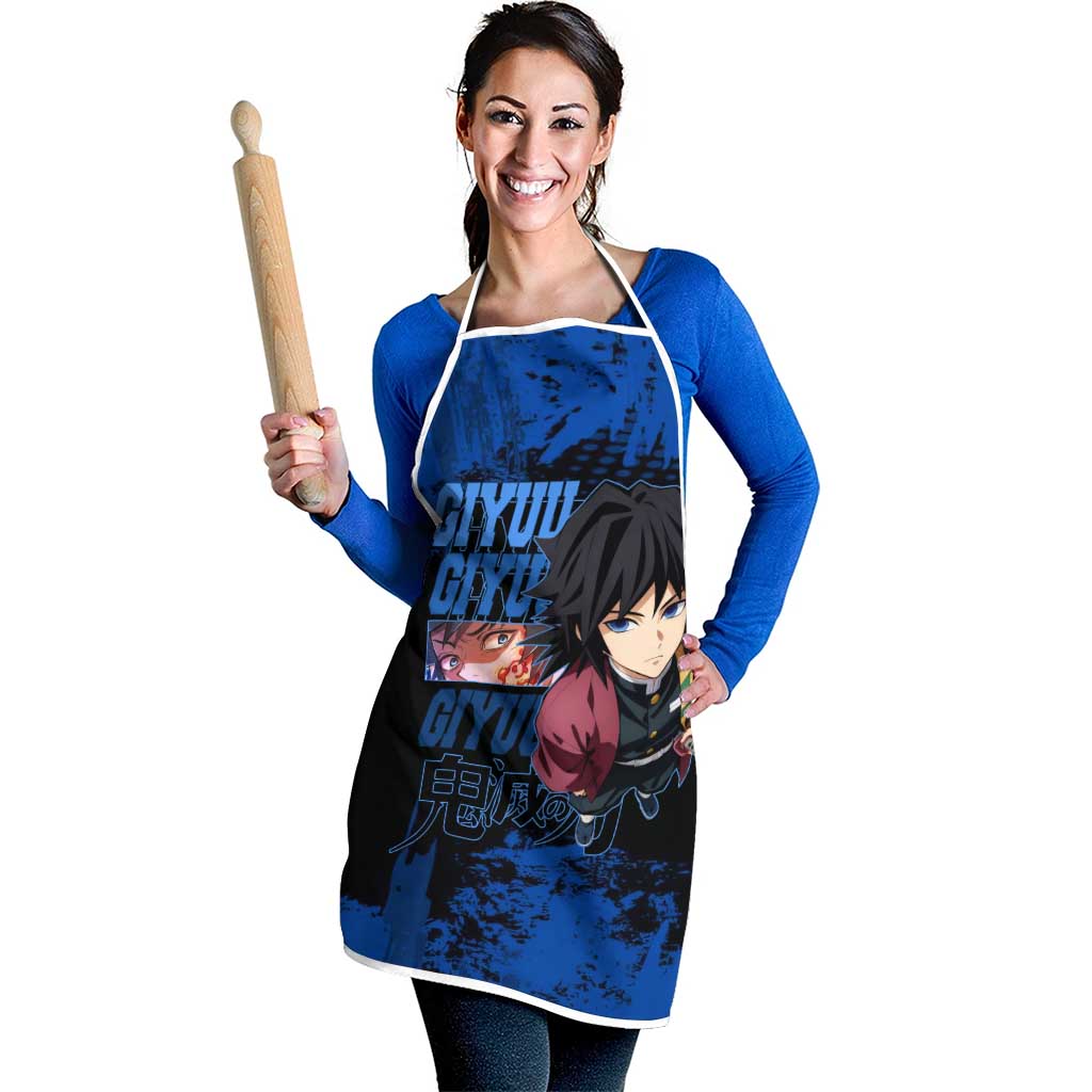 Giyu Tomioka Demon Slayer Blue Grunge Design Apron with Intense Eyes and Sword Stance - The Mazicc
