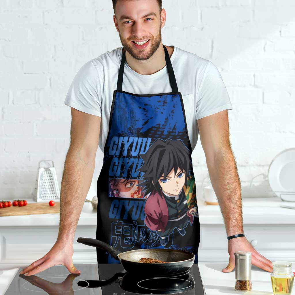 Giyu Tomioka Demon Slayer Blue Grunge Design Apron with Intense Eyes and Sword Stance - The Mazicc